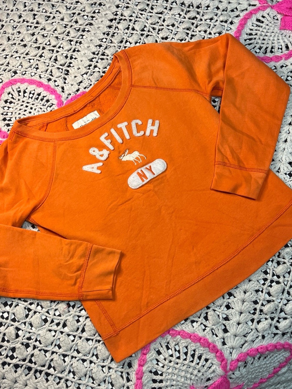 Y2k Abercrombie & Fitch Orange Long-Sleeve Crew with Embroidered Logo